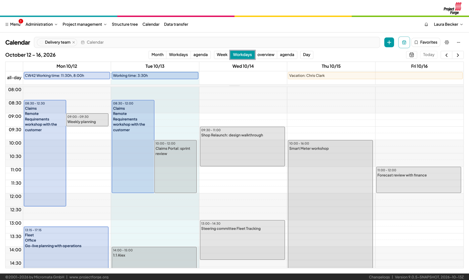 The team calendar with appointments and leave